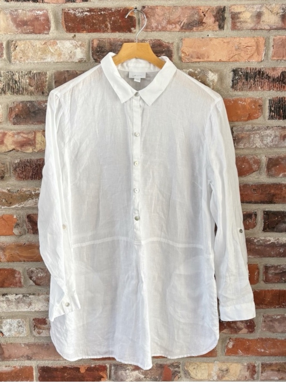 J. Jill White Linen Long Sleeve Button Up Tunic Shirt Top, L